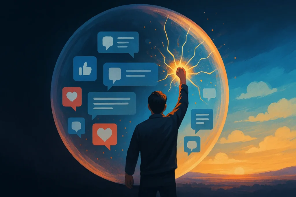 Pessoa quebrando uma bolha translúcida cheia de ícones de redes sociais para enxergar um horizonte amplo