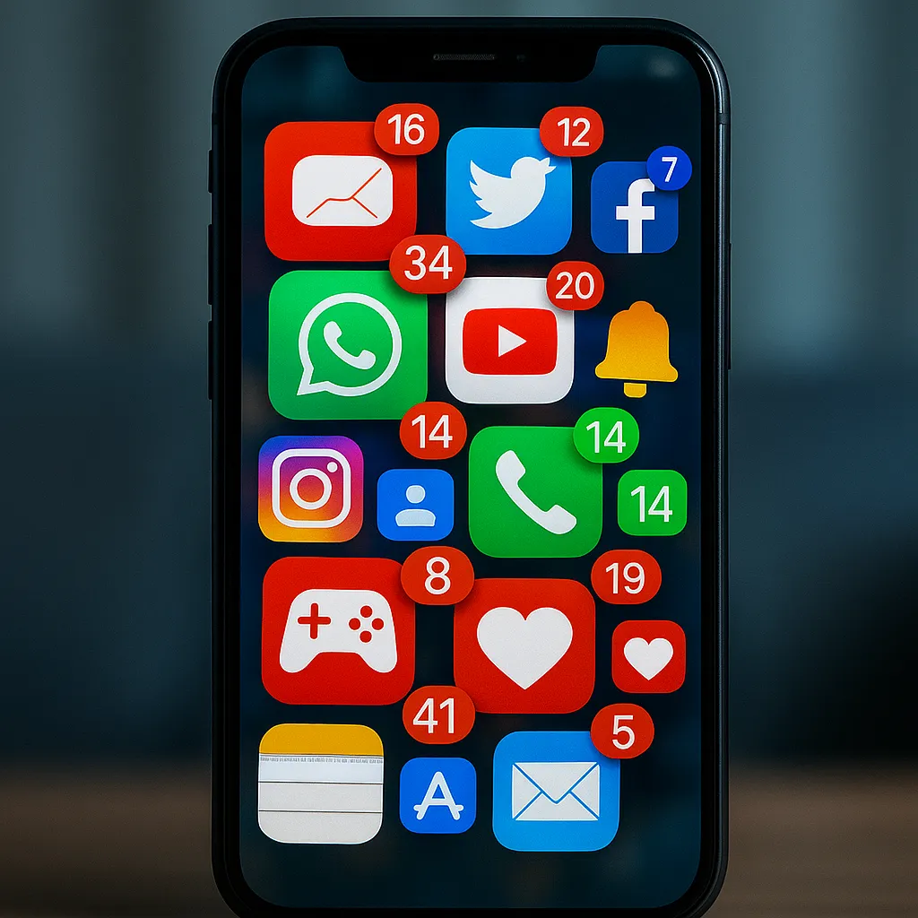 Tela de smartphone repleta de dezenas de notificações simultâneas.