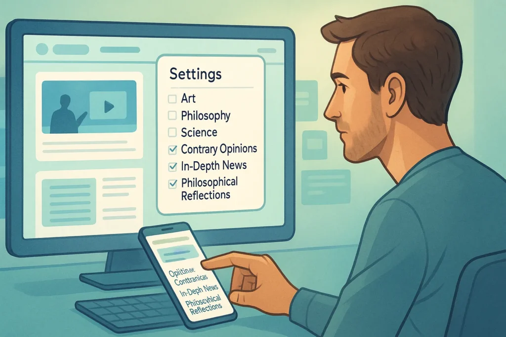Pessoa ajustando filtros de conteúdo em uma interface de rede social para treinar o algoritmo das redes sociais