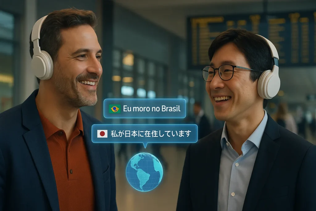 Dois viajantes usando fones com tradução automática em aeroporto
