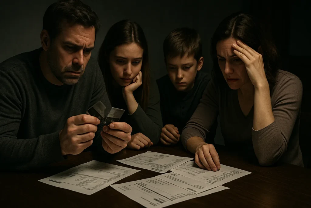 Família discutindo finanças com contas acumuladas e expressão de frustração