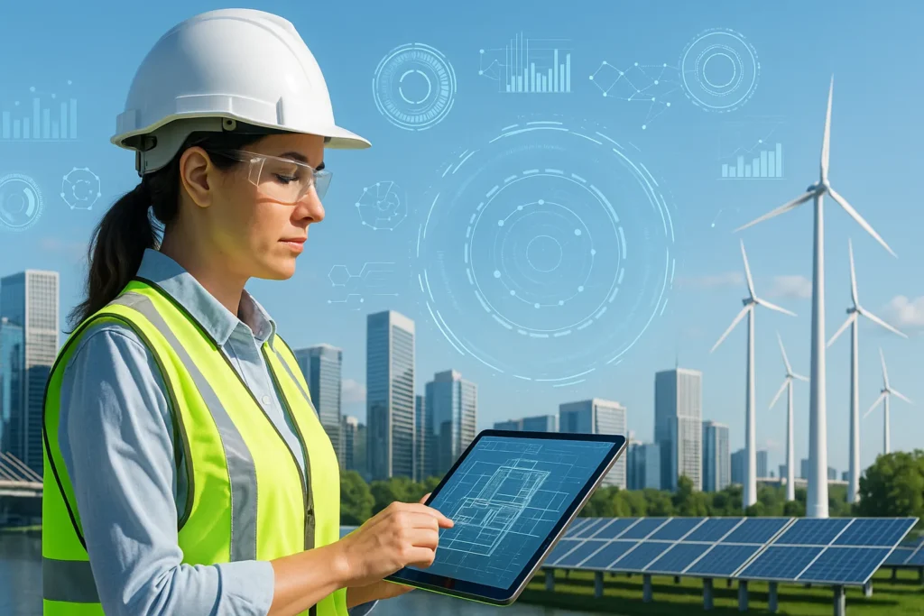 engenheiro analisando projeto com fundo de cidade moderna