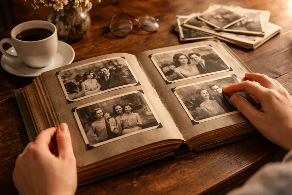 Pessoa olhando álbum de fotos antigas com expressão nostálgica