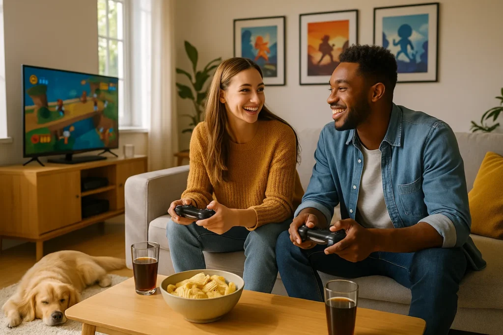 Duas pessoas jogando videogame cooperativo em uma sala iluminada, interagindo com sorrisos e concentração.