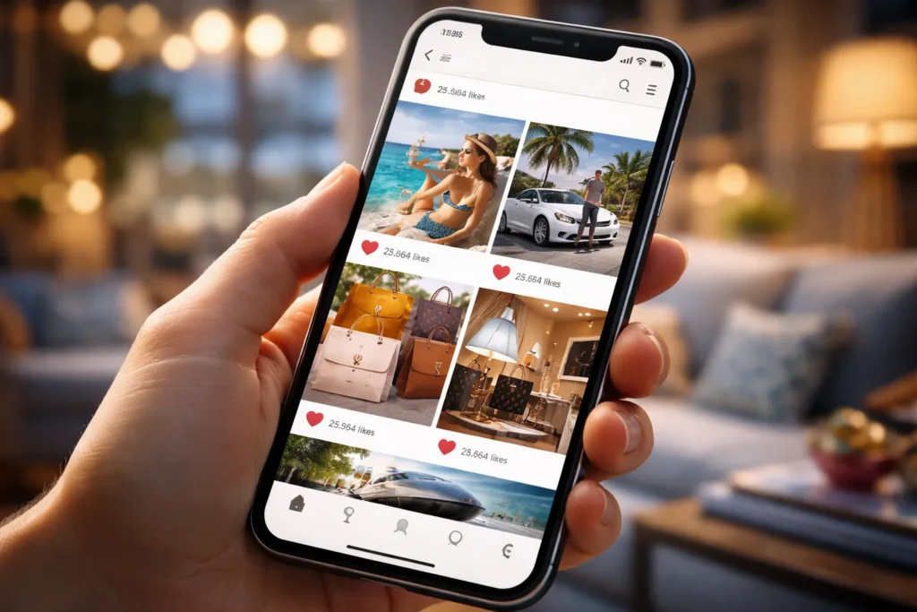 Feed de redes sociais mostrando luxo e comparação de estilos de vida