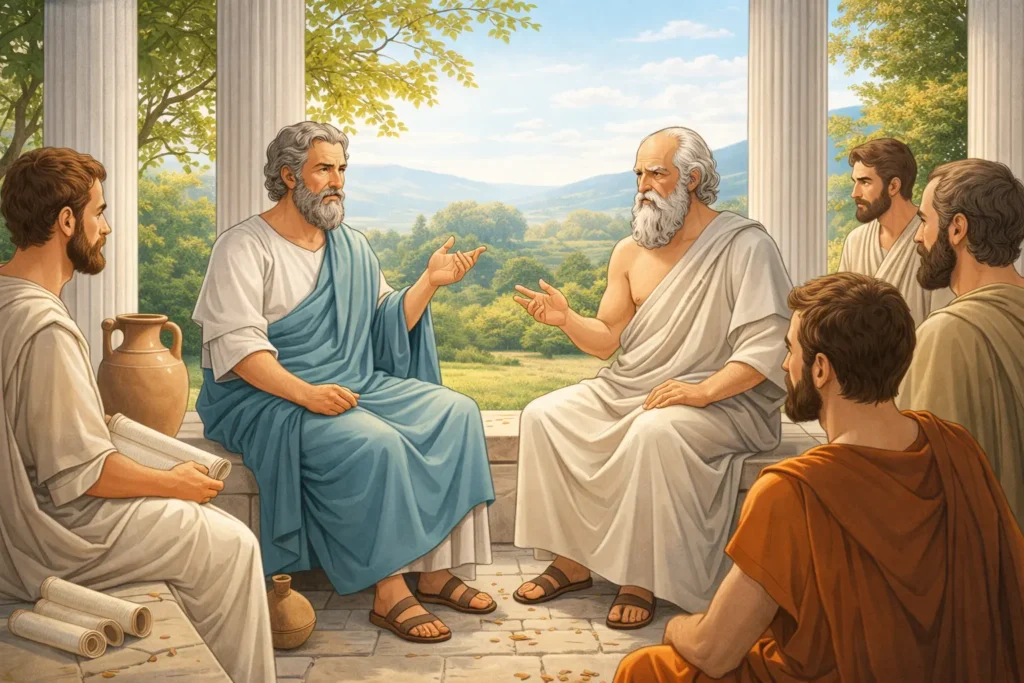 Filósofos gregos debatendo em um jardim