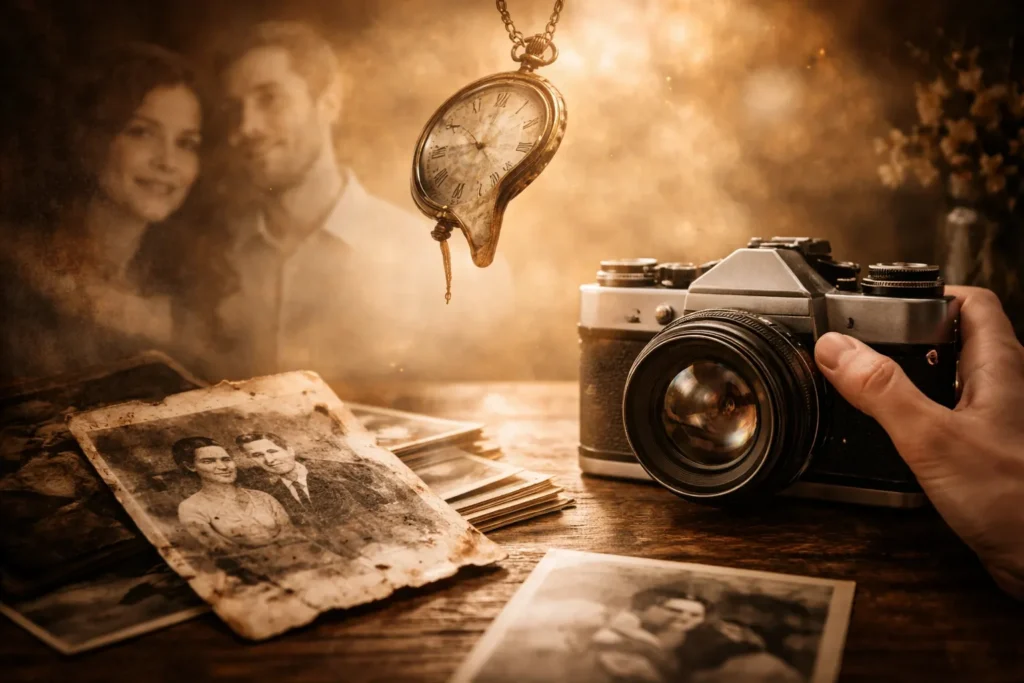 Imagem artística simbolizando a a historia da fotografia como memória humana, com câmera antiga, retratos desbotados e relógio representando o tempo