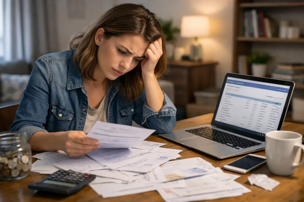 Mulher preocupada com finanças, olhando contas e extrato bancário claramente a ansiedade financeira