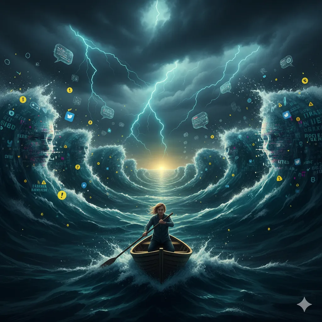 Pessoa em barco solitário navegando em um mar tempestuoso cheio de fake news e deepfakes, simbolizando a luta pela verdade
