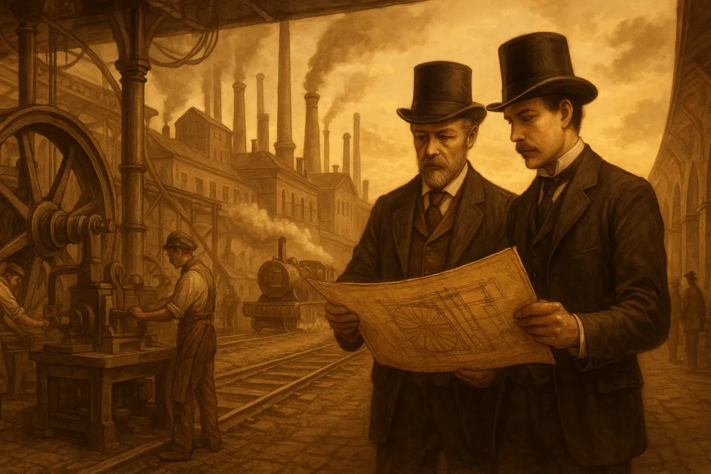 fábrica da Revolução Industrial com engrenagens e trabalhadores