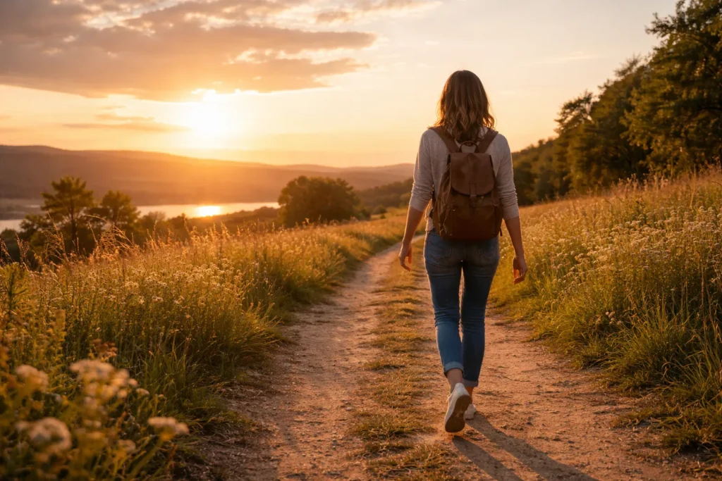 Pessoa caminhando tranquila em cenário natural ao pôr do sol