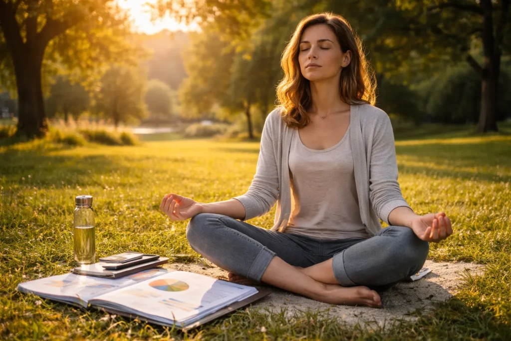 Pessoa meditando ao lado de caderno de planejamento financeiro