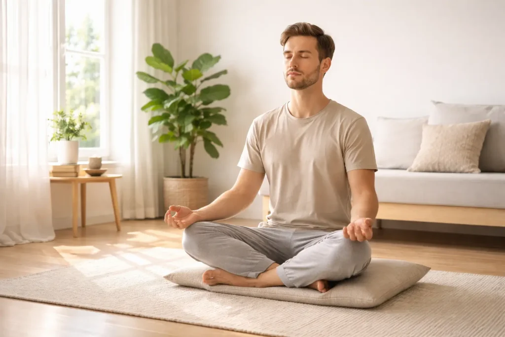 Pessoa meditando em casa com luz suave entrando pela janela