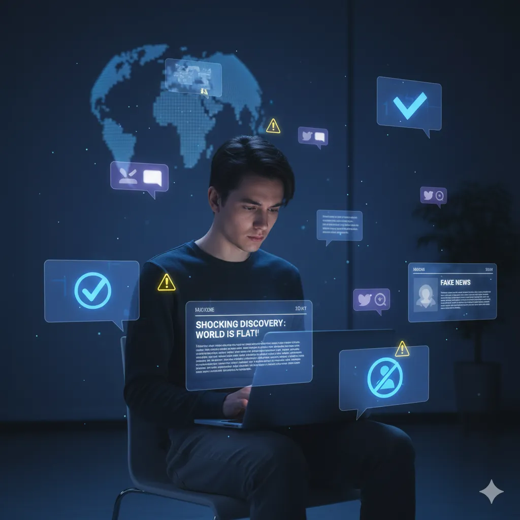 Pessoa refletindo diante de telas digitais sobre o que compartilhar online