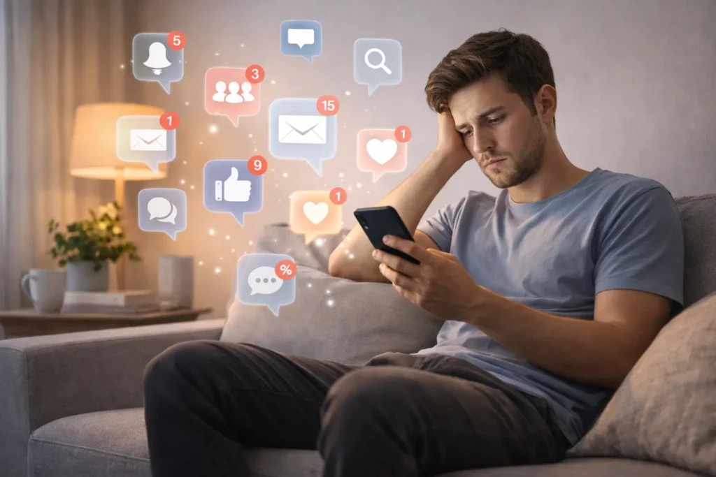 Pessoa sentada em um sofá usando o celular com várias notificações ao redor, cercada por distrações digitais