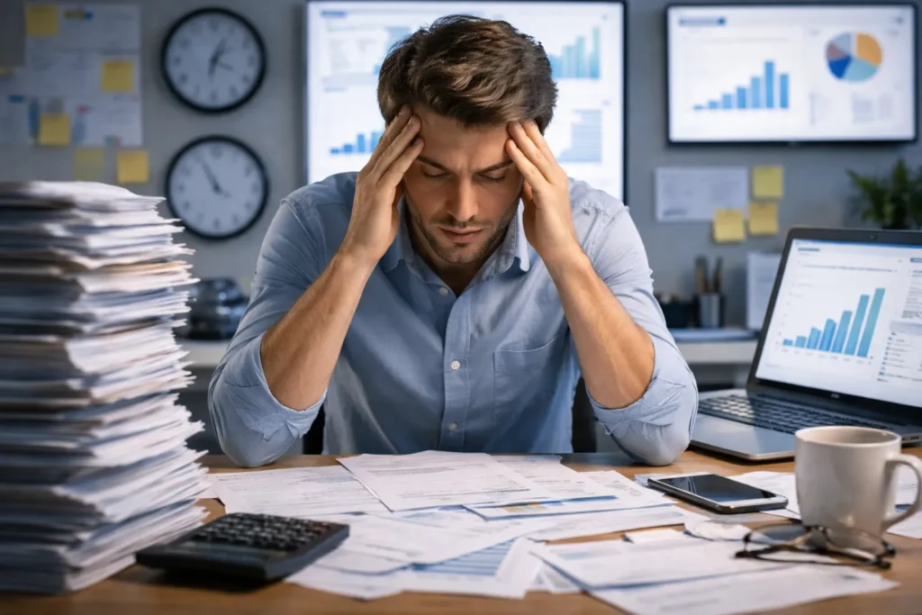 Pessoa sobrecarregada por excesso de trabalho e pressão por produtividade