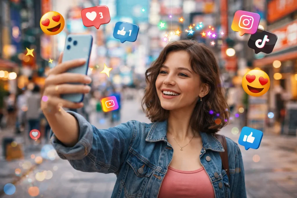 Pessoa tirando selfie com celular em ambiente urbano