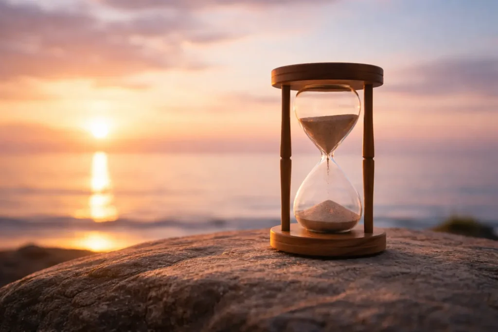 Relógio de areia sobre uma superfície natural ao pôr do sol, com grãos caindo lentamente