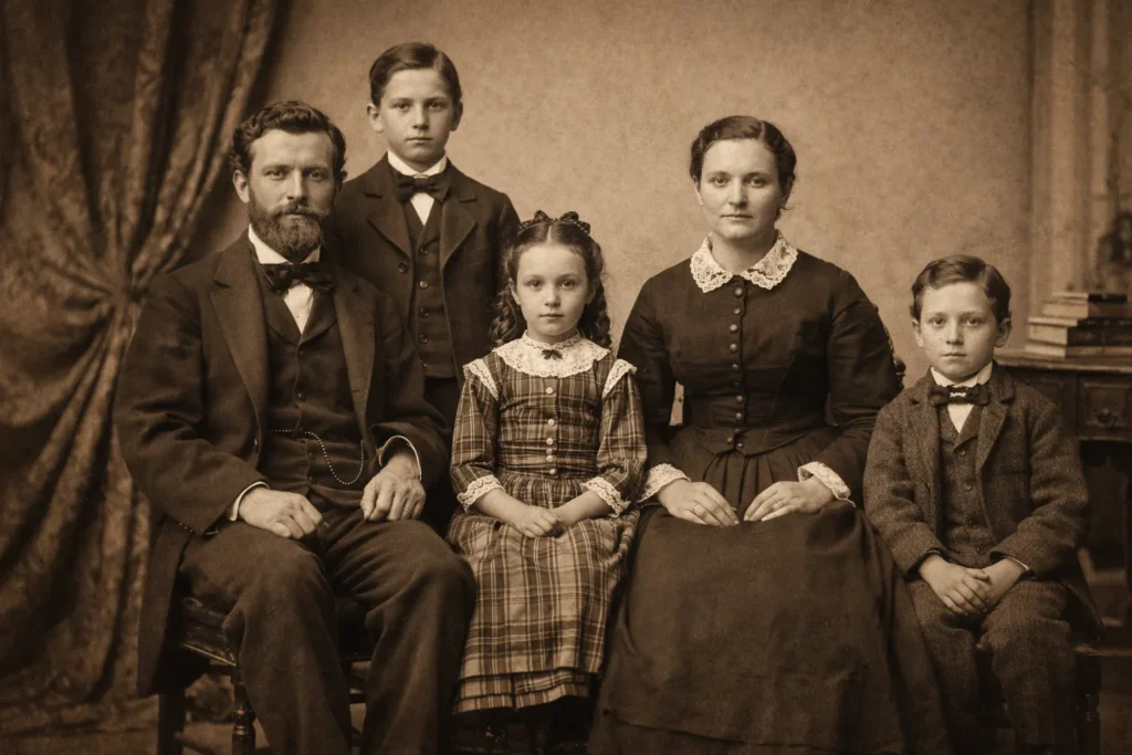 Retrato fotográfico antigo de uma família popular no século XIX