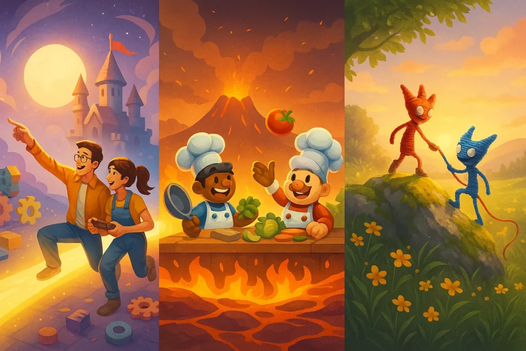 Três duplas de personagens em ambientes distintos representando cooperação em desafios, caos e tranquilidade, conectadas por uma luz contínua. A magia dos Jogos Cooperativos