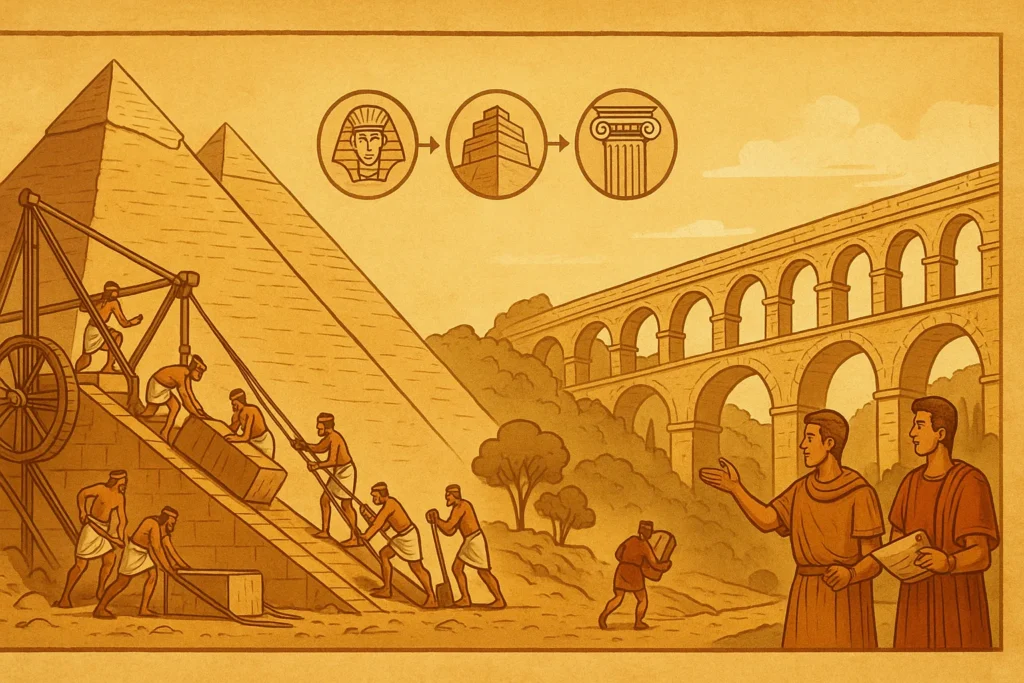 pirâmides do Egito e aqueduto romano representando marcos da engenharia antiga