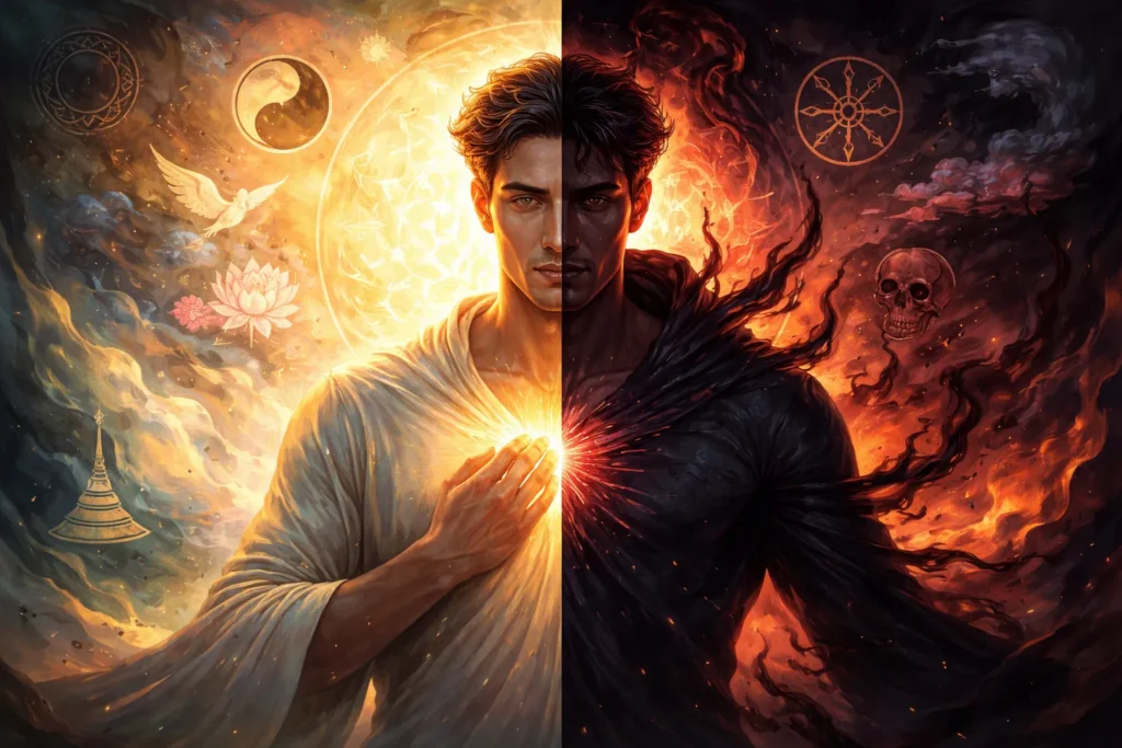 Representação visual da dualidade humana entre o bem e o mal