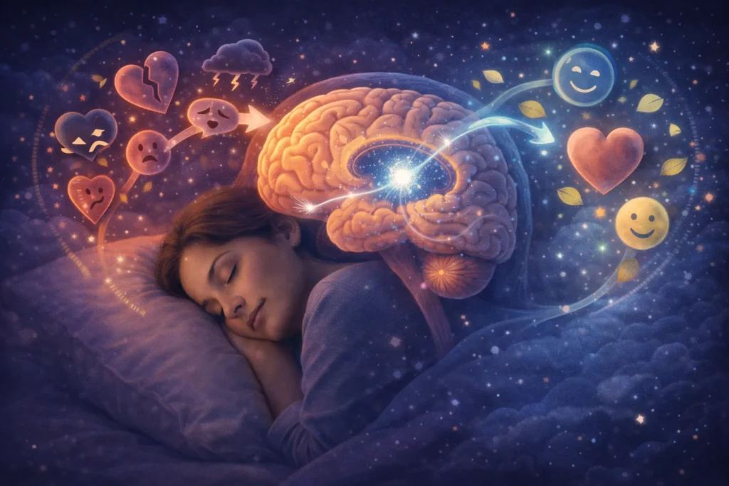 Cérebro humano durante o sono REM com ilustrações simbólicas de emoções sendo filtradas e reprocessadas, representando o sono como regulador emocional.