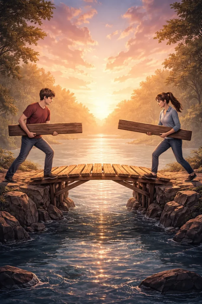 Duas pessoas construindo uma ponte entre si