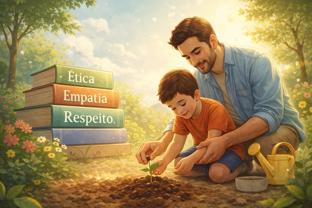 Criança plantando uma semente sob a orientação de um adulto