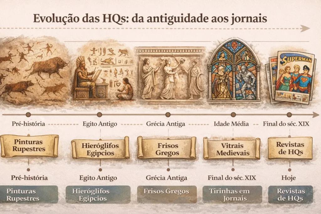 linha do tempo com evolução das HQs no mundo