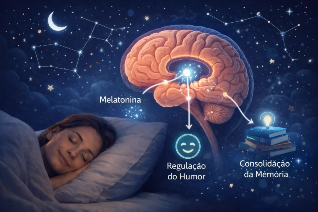 Ilustração do cérebro durante o sono, com destaque para hormônios e regulação emocional