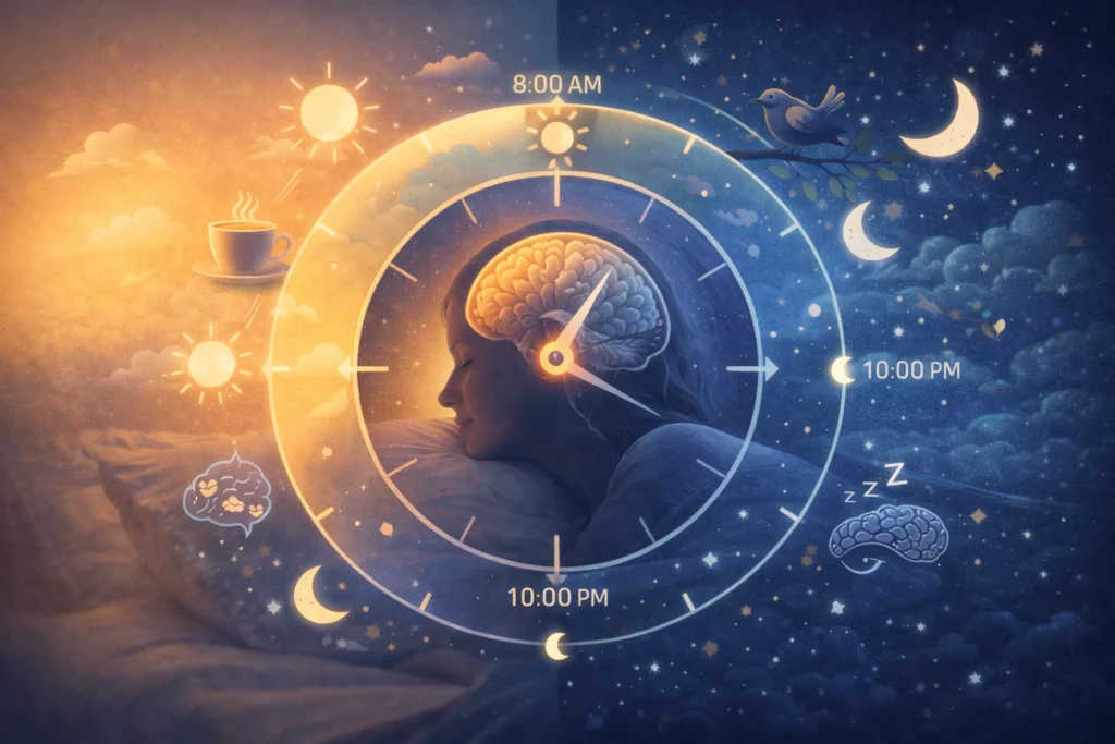 Ilustração do relógio biológico alinhado ao ciclo de sono regular