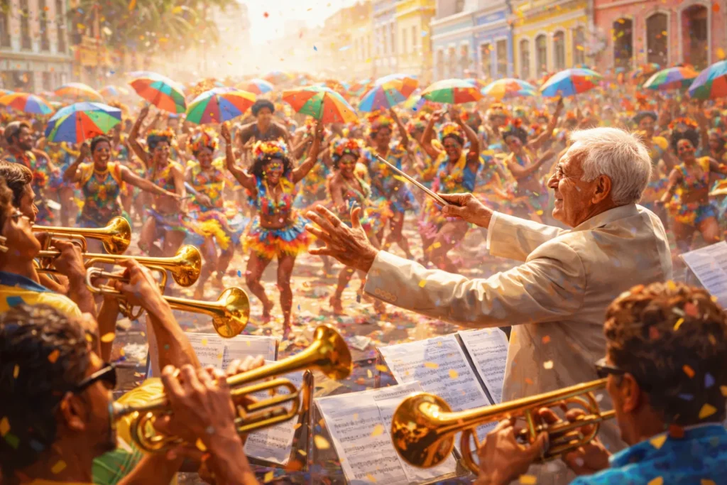 Dia do Frevo: O Segredo por Trás do Ritmo Mais Contagiante do Brasil 3 Maestro regendo orquestra de frevo em desfile de carnaval