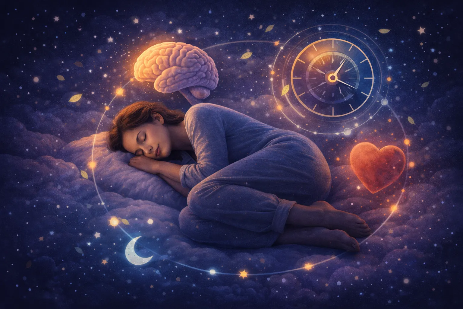 Pessoa deitada em posição fetal cercada por elementos simbólicos como cérebro, coração e relógio interno, representando o sono como ato restaurador da saúde emocional.