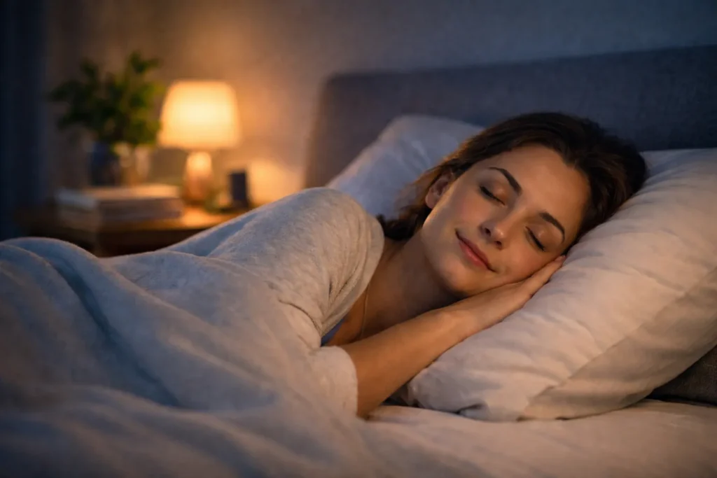 Pessoa dormindo com expressão tranquila, representando equilíbrio emocional através do sono