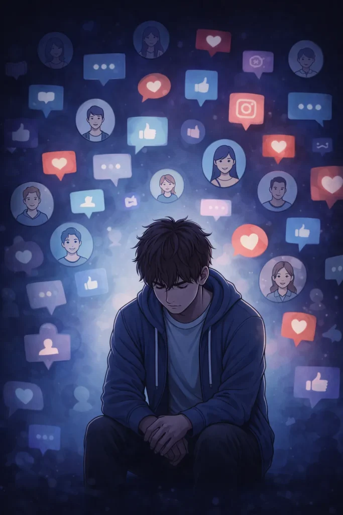 Pessoa rodeada de avatares mas se sentindo sozinha