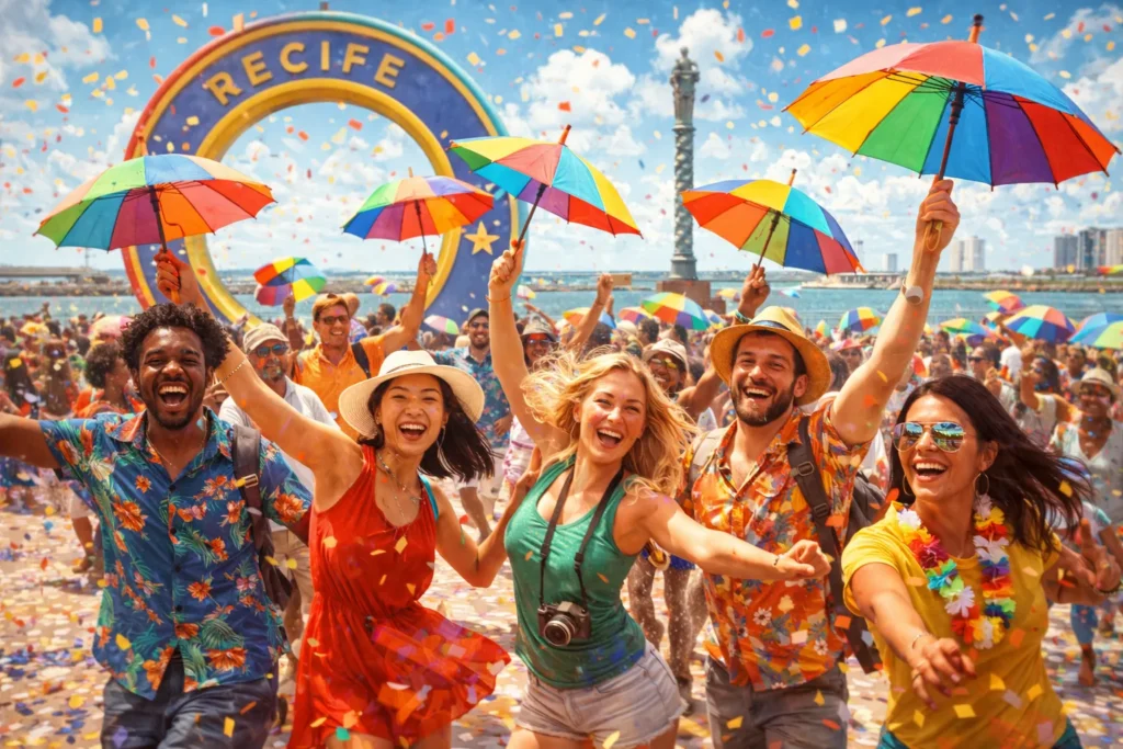 Dia do Frevo: O Segredo por Trás do Ritmo Mais Contagiante do Brasil 5 Turistas dançando frevo com sombrinhas em frente ao Marco Zero, Recife