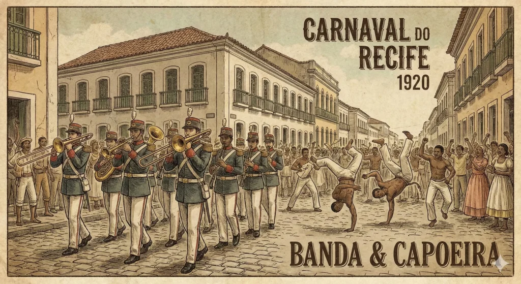 Dia do Frevo: O Segredo por Trás do Ritmo Mais Contagiante do Brasil 2 Ilustração de desfile de banda militar com capoeiristas nas ruas do Recife antigo