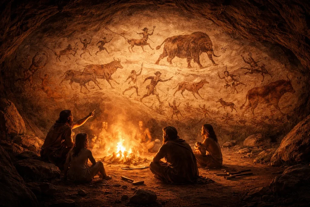 pintura rupestre representando contação de histórias