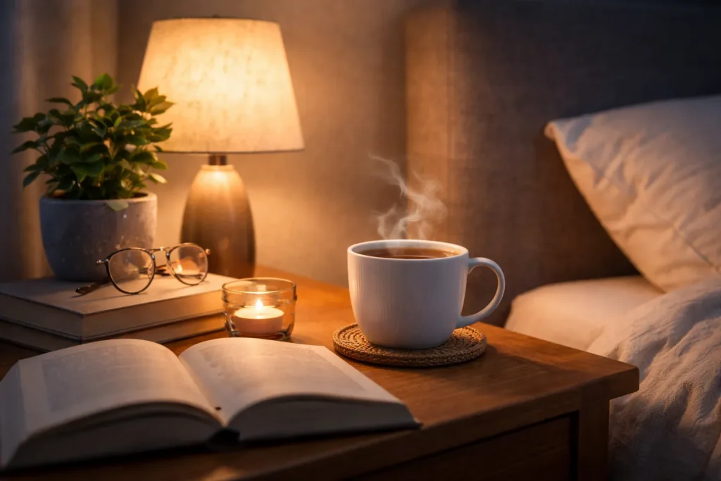 Rotina noturna tranquila com luz suave, chá e leitura leve