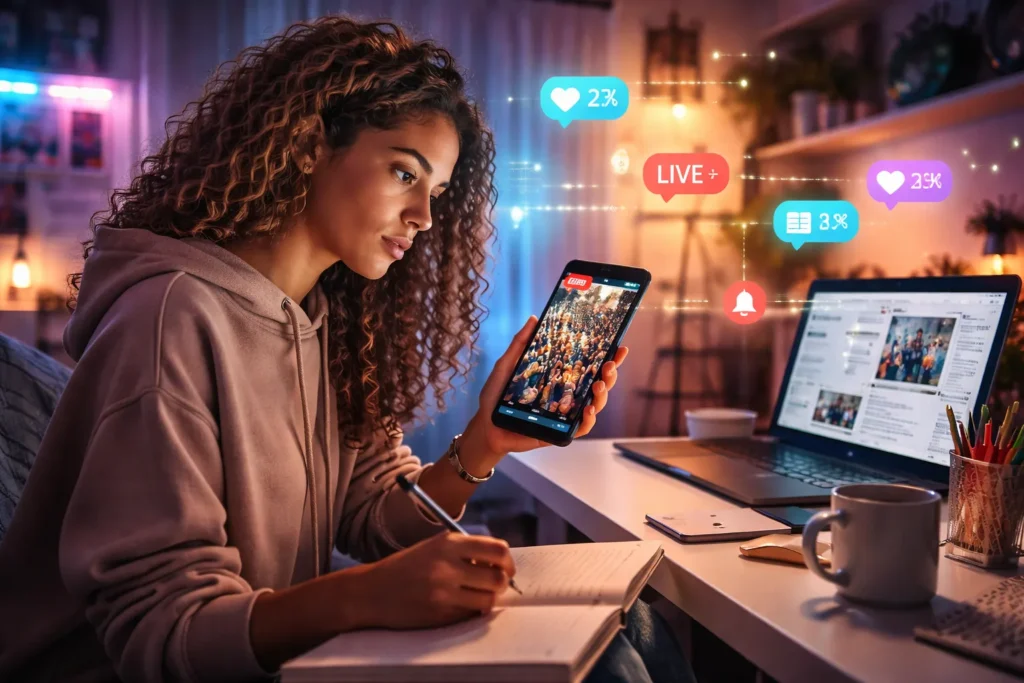 Jovem da geração Z acompanhando notícias políticas em tempo real no celular