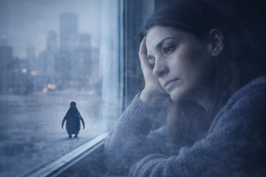 Pessoa cansada olhando pela janela, sobrepondo imagem de um pinguim andando