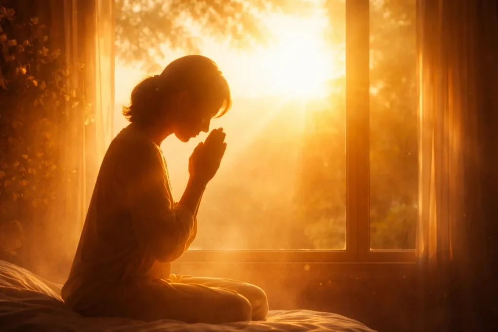 O poder da oração representado por pessoa orando ao nascer do sol com luz dourada