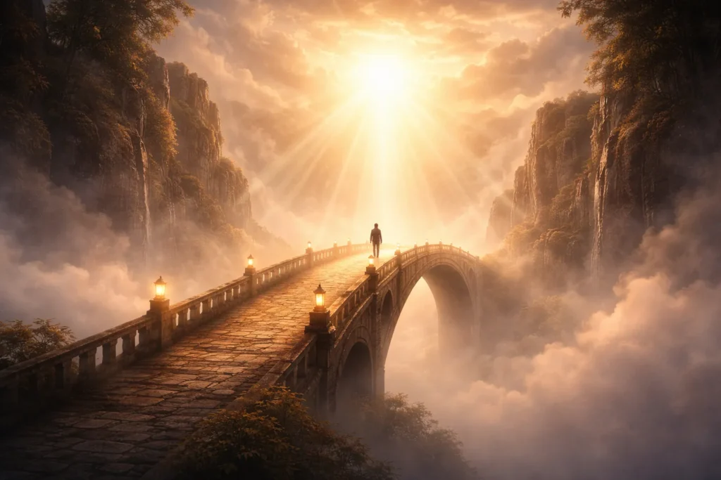 Ponte simbólica representando o poder da oração entre o visível e o invisível