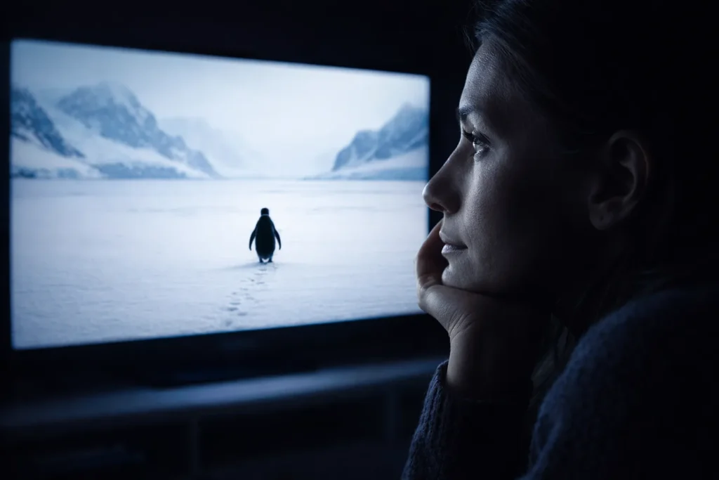 Pessoa observando documentário e refletindo diante da tela