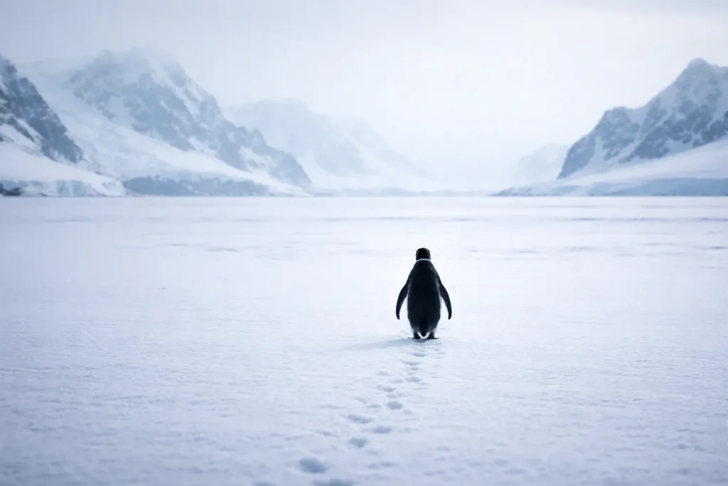 Pinguim solitário caminhando no gelo da Antártica