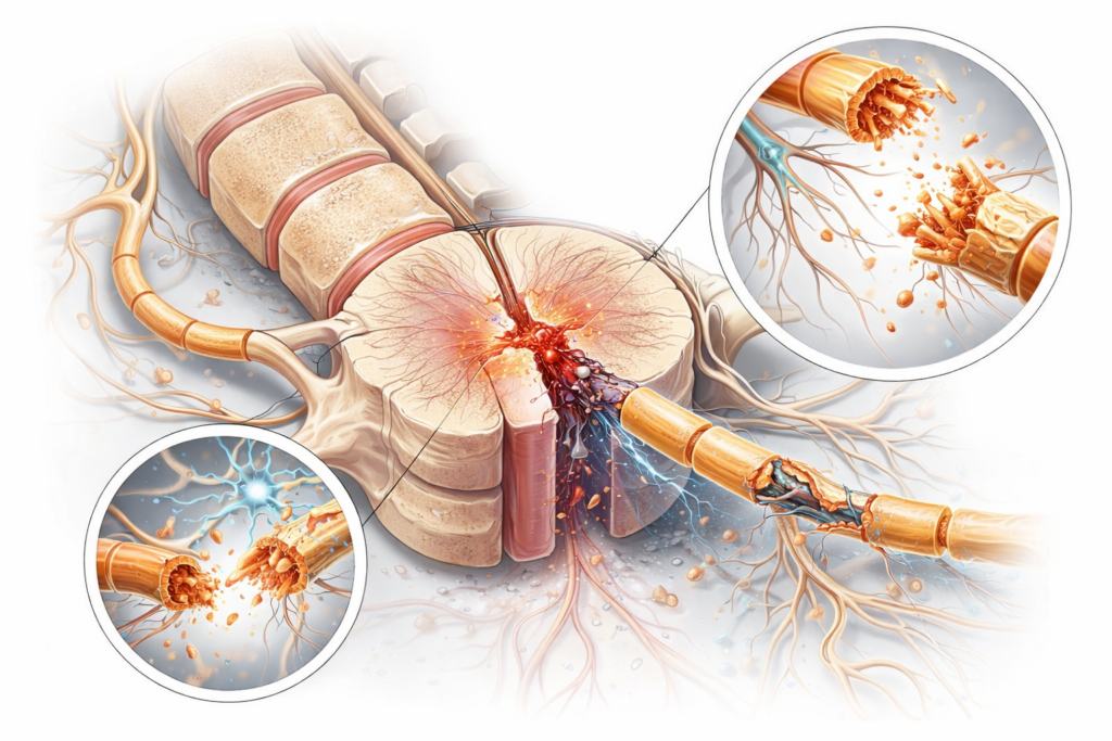 Coleção "Brasileiros que mudaram a ciência": Tatiana Sampaio 4 Ilustração detalhada de lesão medular e sistema nervoso central