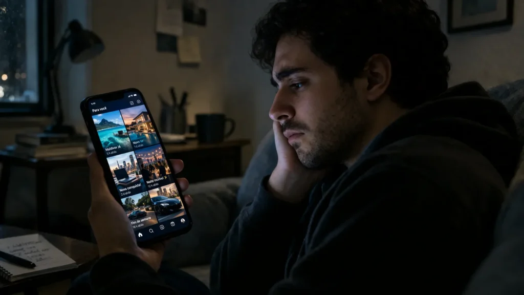 O Perigo do Ciclo do Desejo e a Ilusão da Felicidade Contínua 4 redes sociais intensificando comparação, insatisfação e desejo