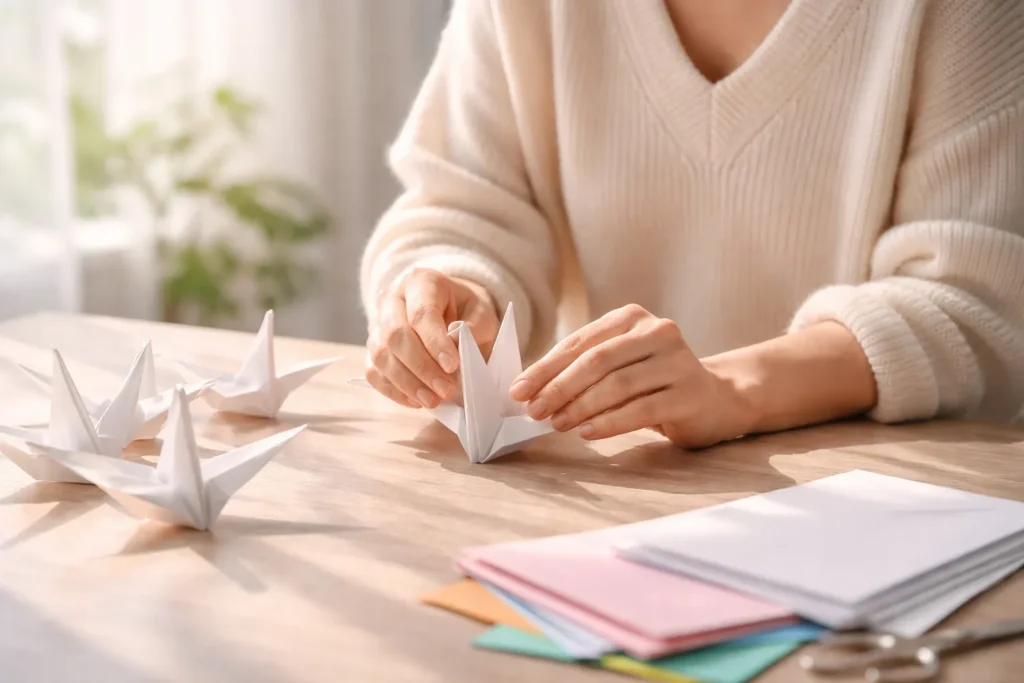 pessoa fazendo origami tsuru meditação