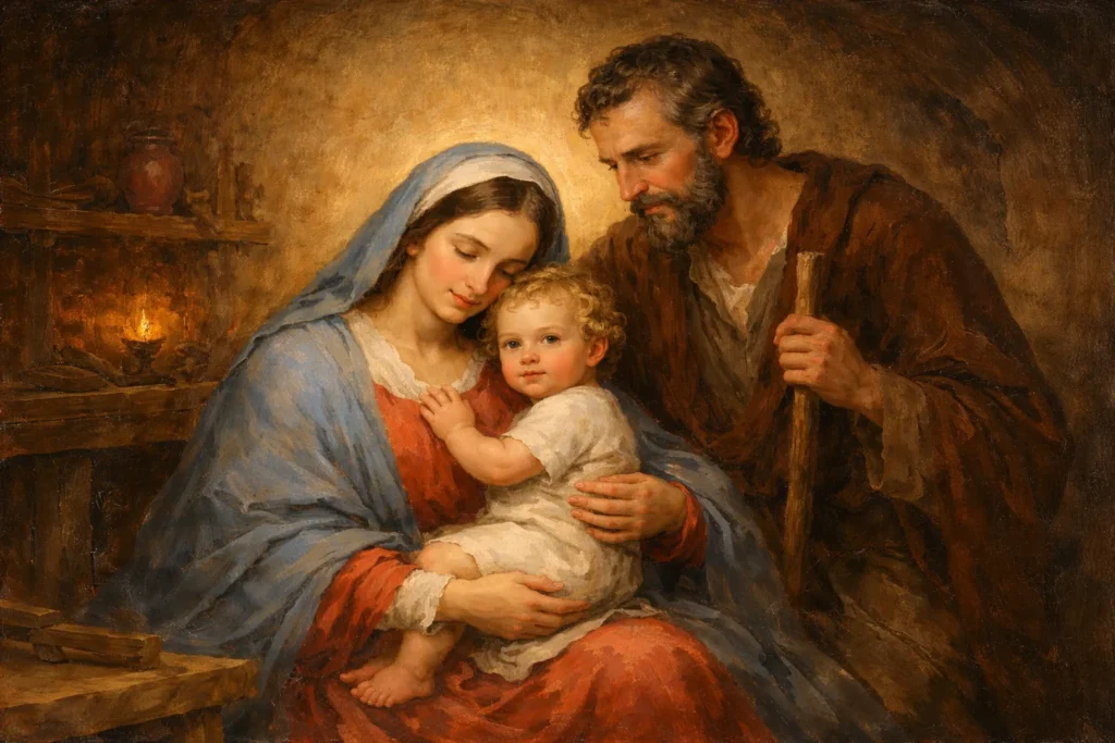 Sagrada Família representada em pintura clássica com José, Maria e o menino Jesus